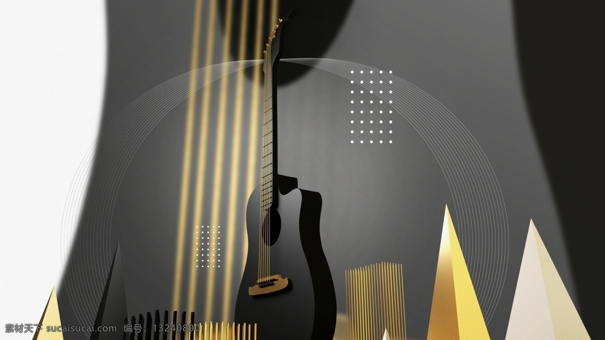 c4d 创意 吉他音乐 黑金 乐器 场景 立体 插画 纹理 壁纸 吉他 金属 高端 肌理 噪点 背景 配图 启动业