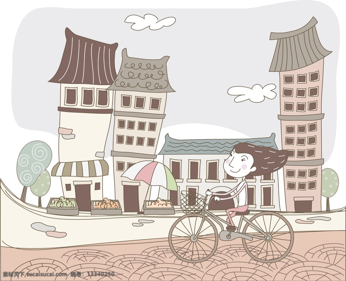 城市 骑 自行 女孩 矢量 城市背景 骑自行车 矢量图 其他矢量图
