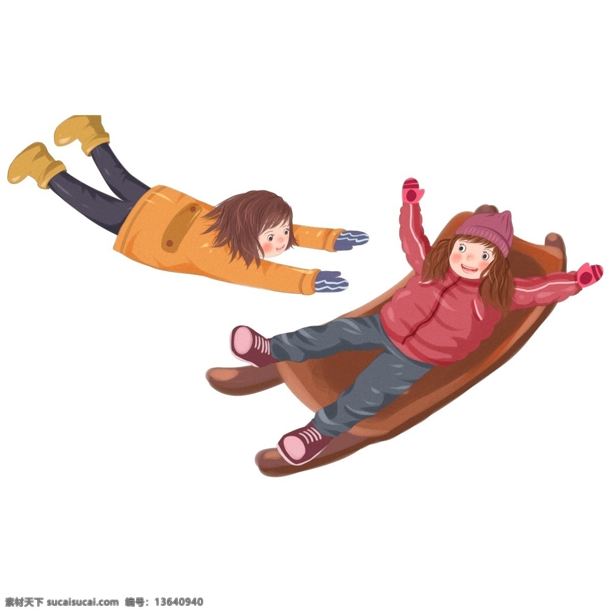手绘 冬季 滑雪 女人 人物 漫画 插画 运动 冬日 极限运动 雪橇 小女生