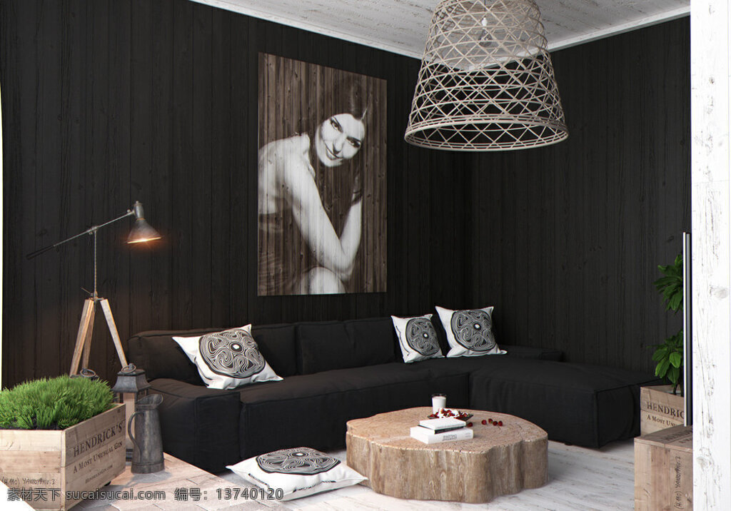 个性 暗色 客厅 吊灯 装修 效果图 抱枕 壁画 黑色沙发 居家大图 木质花盆 室内装潢 树墩桌子