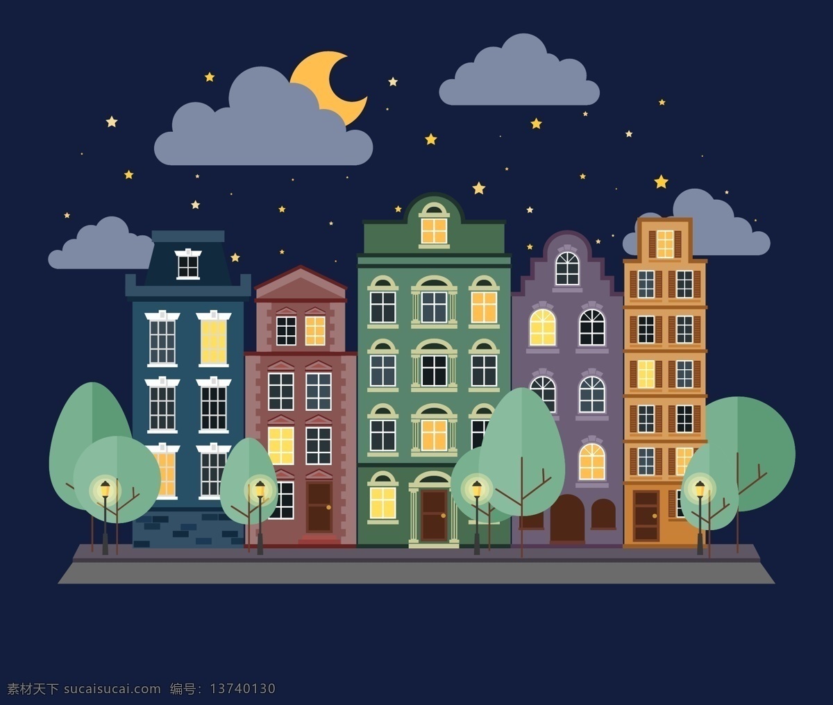 创意 城市 夜景 建筑 插画 楼房 外观 月亮
