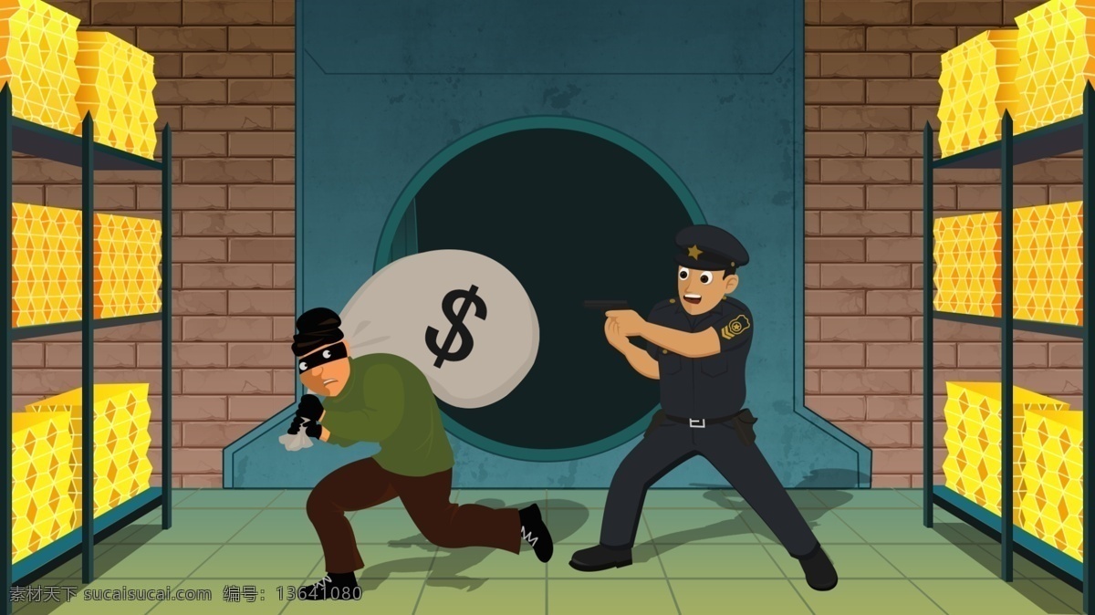 可爱 卡通 金库 警察 小偷 社会 民生 扫黑 除恶 地板 蓝色 插画 砖墙 门 金属防盗门 金砖 架子 袋子 黄色 枪 社会民生 扫黑除恶 逮捕 朋友圈配图 手机壁纸 插图 配图 微博配图 公众号配图 文章配图