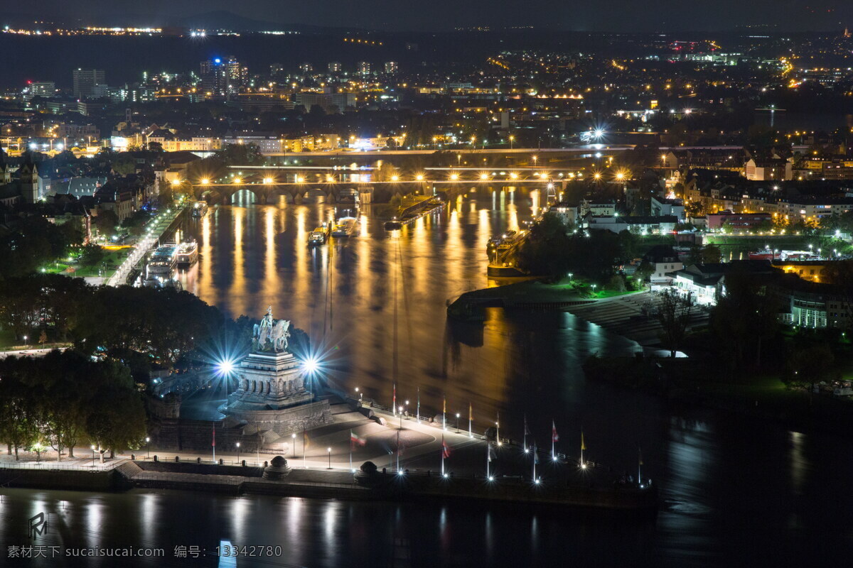 高清 繁华 城市 夜景 德国 科布伦茨 城市夜景 江滨
