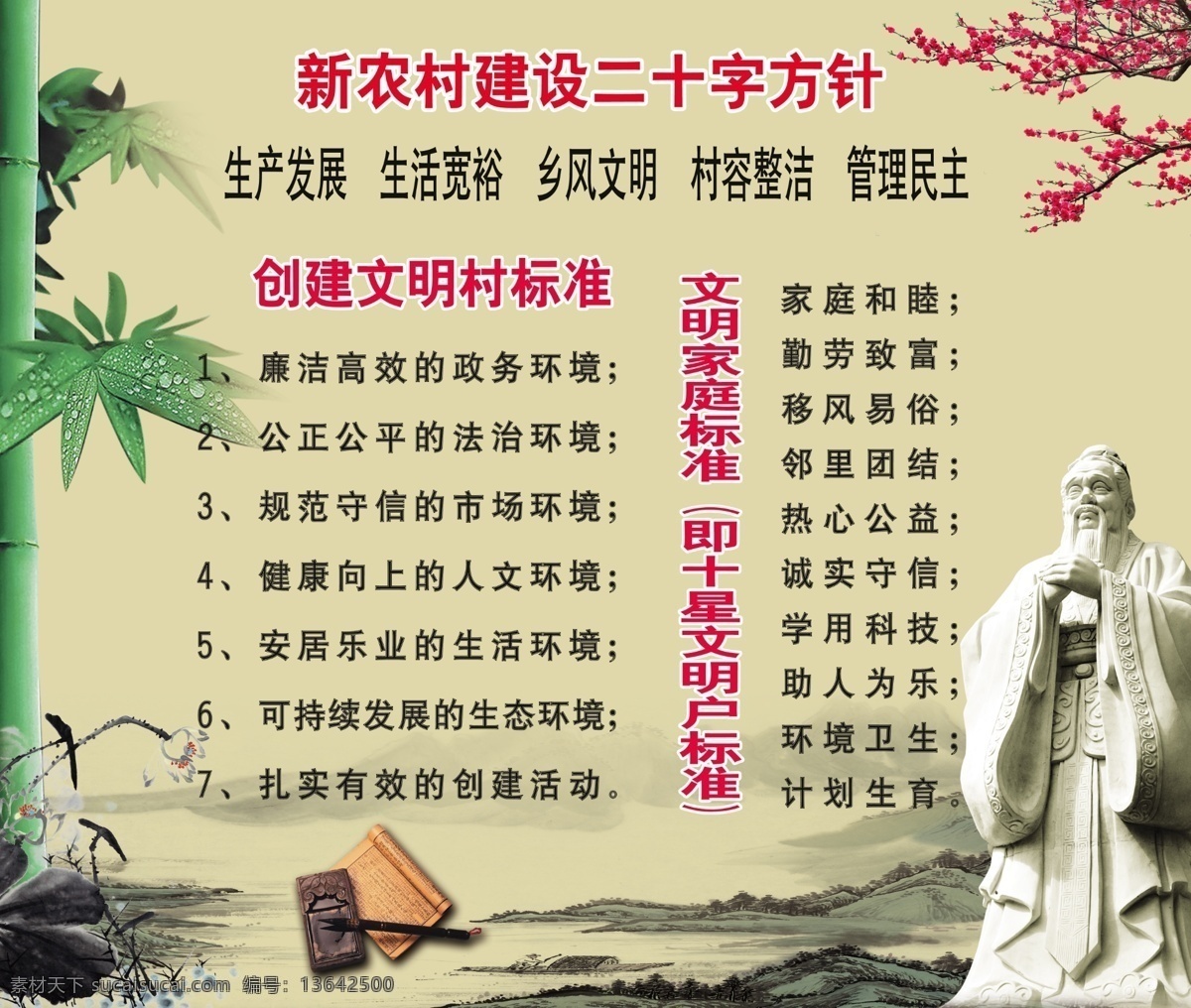 新农村建设 二十字方针 创建 文明村 标准 文明 家庭 十星 文明户 方针 文明家庭 村规民约 梅花 竹子 荷花 墨台 毛笔 孔子 山 画 水墨 传统psd 展板模板 广告设计模板 源文件