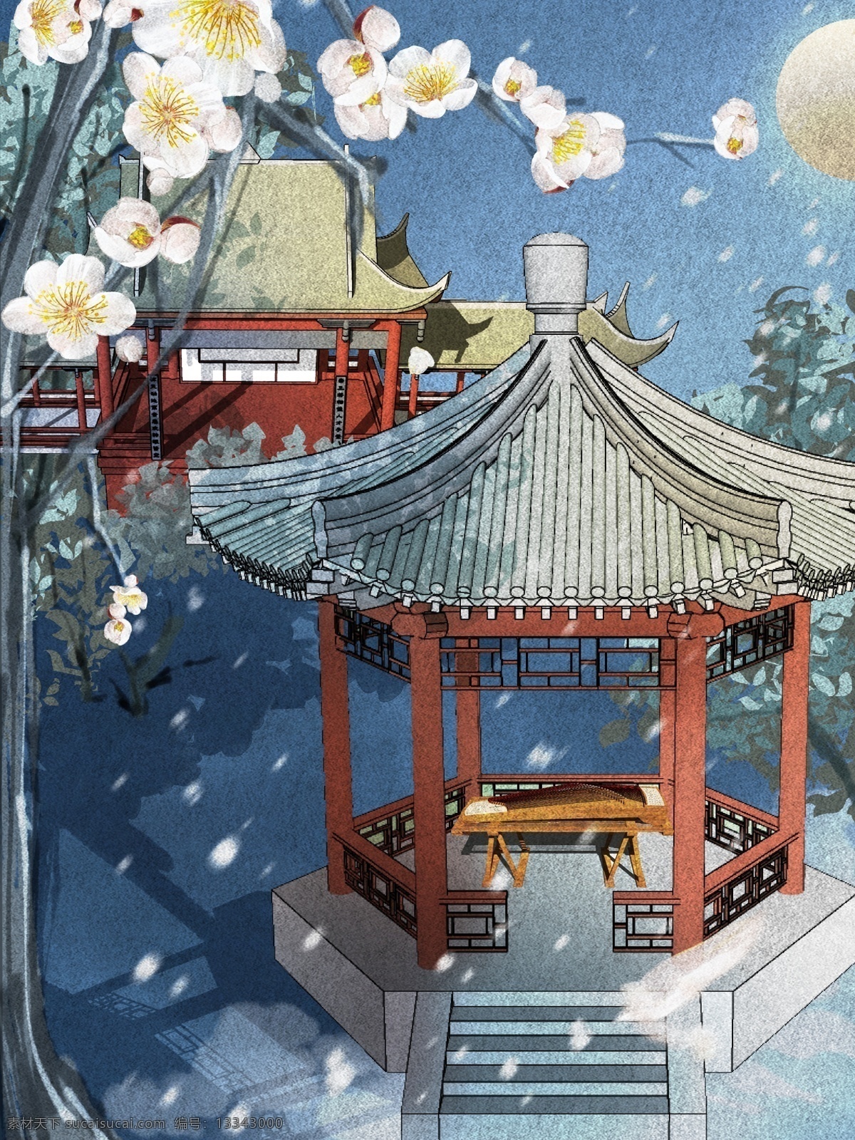 原创 中国 传统文化 建筑 乐器 古风 插画 手机 微信 banner 纹理 中国风 唐代阁楼 月光 月夜 微博 海报 壁纸 游戏古风 cg插画 启动 闪屏 桌面 复古 肌理 瑶琴