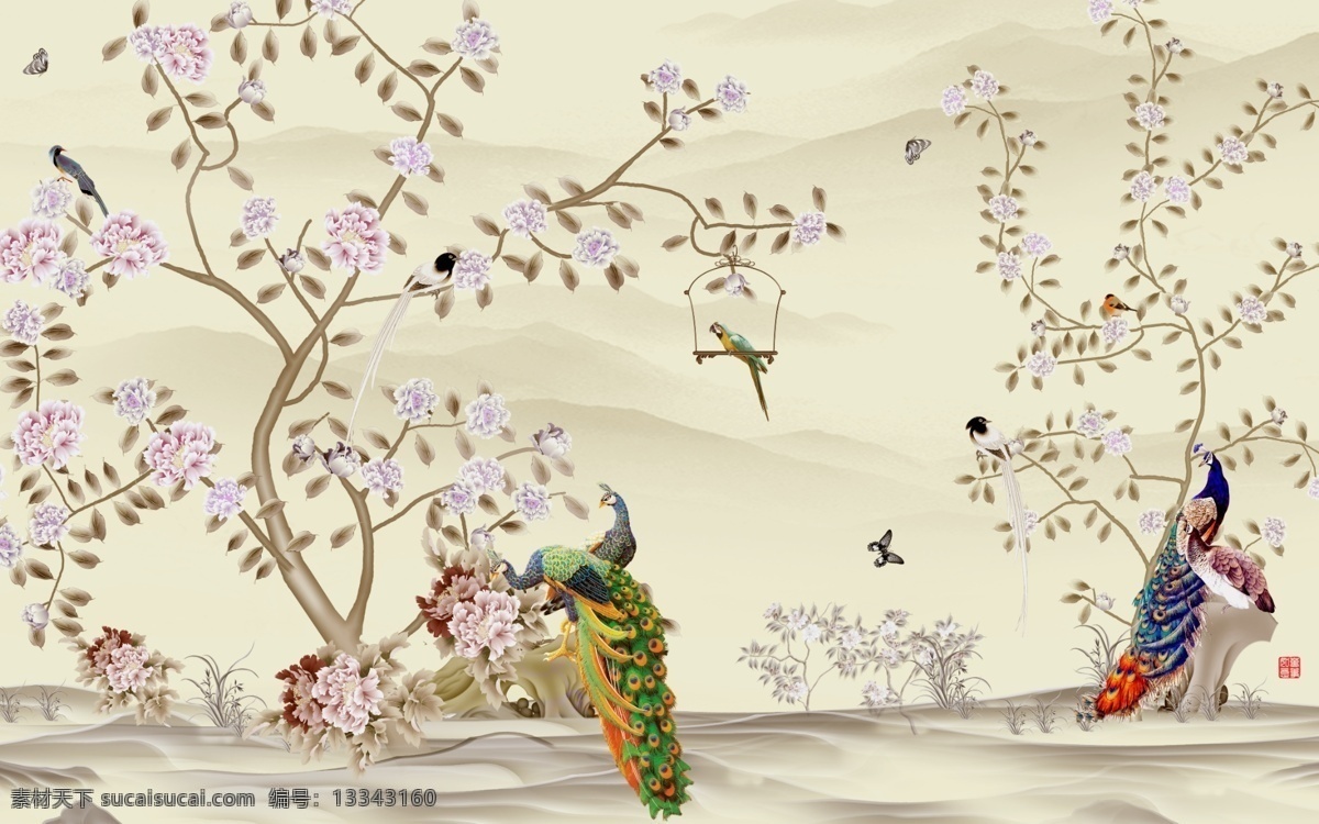 中式 花鸟 孔雀 创意 玄关 屏风 电视 背 电视背景墙 壁画