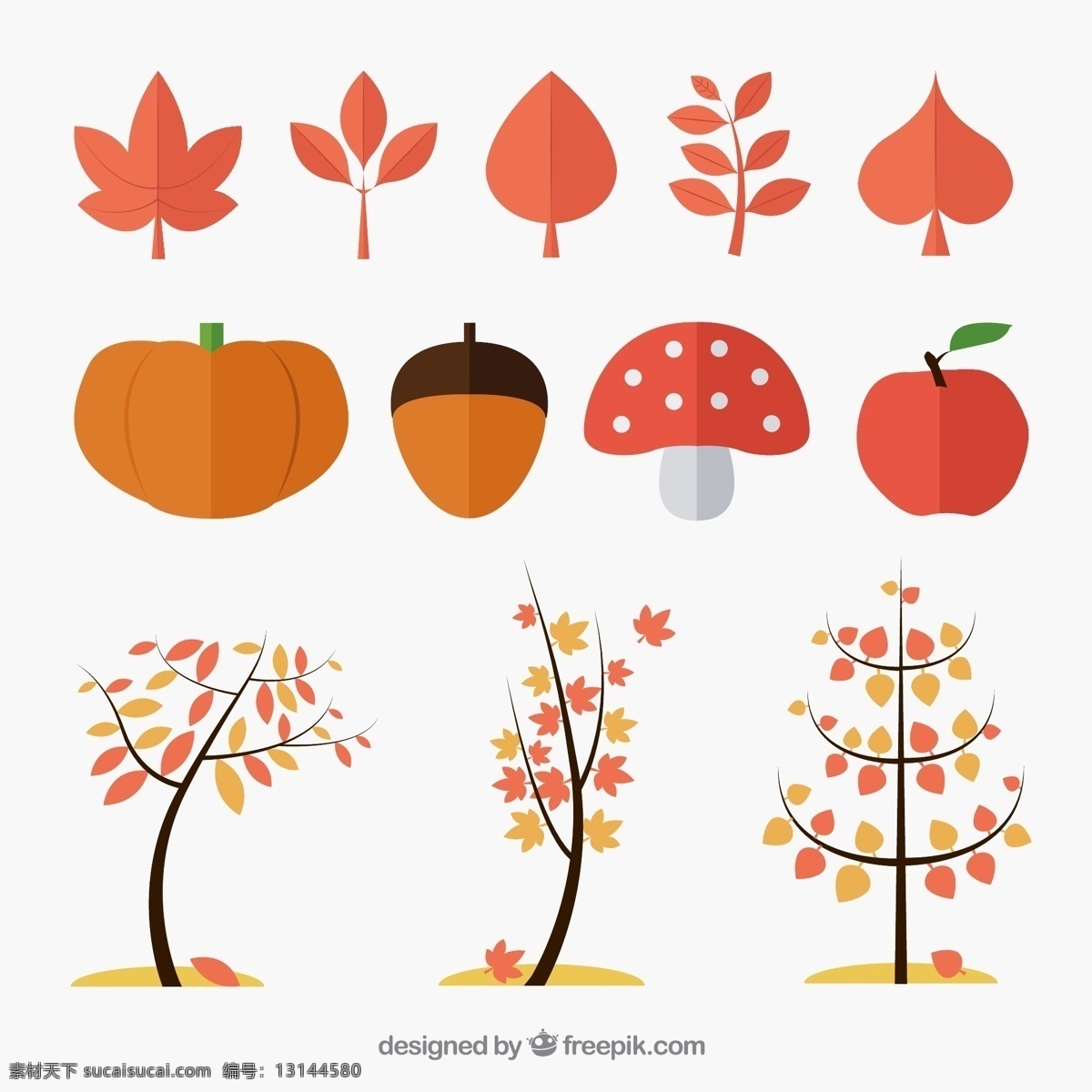 扁平化 秋季 植物 矢量 秋叶 叶子 树叶 南瓜 橡子 蘑菇 苹果 树木 枫树 矢量图