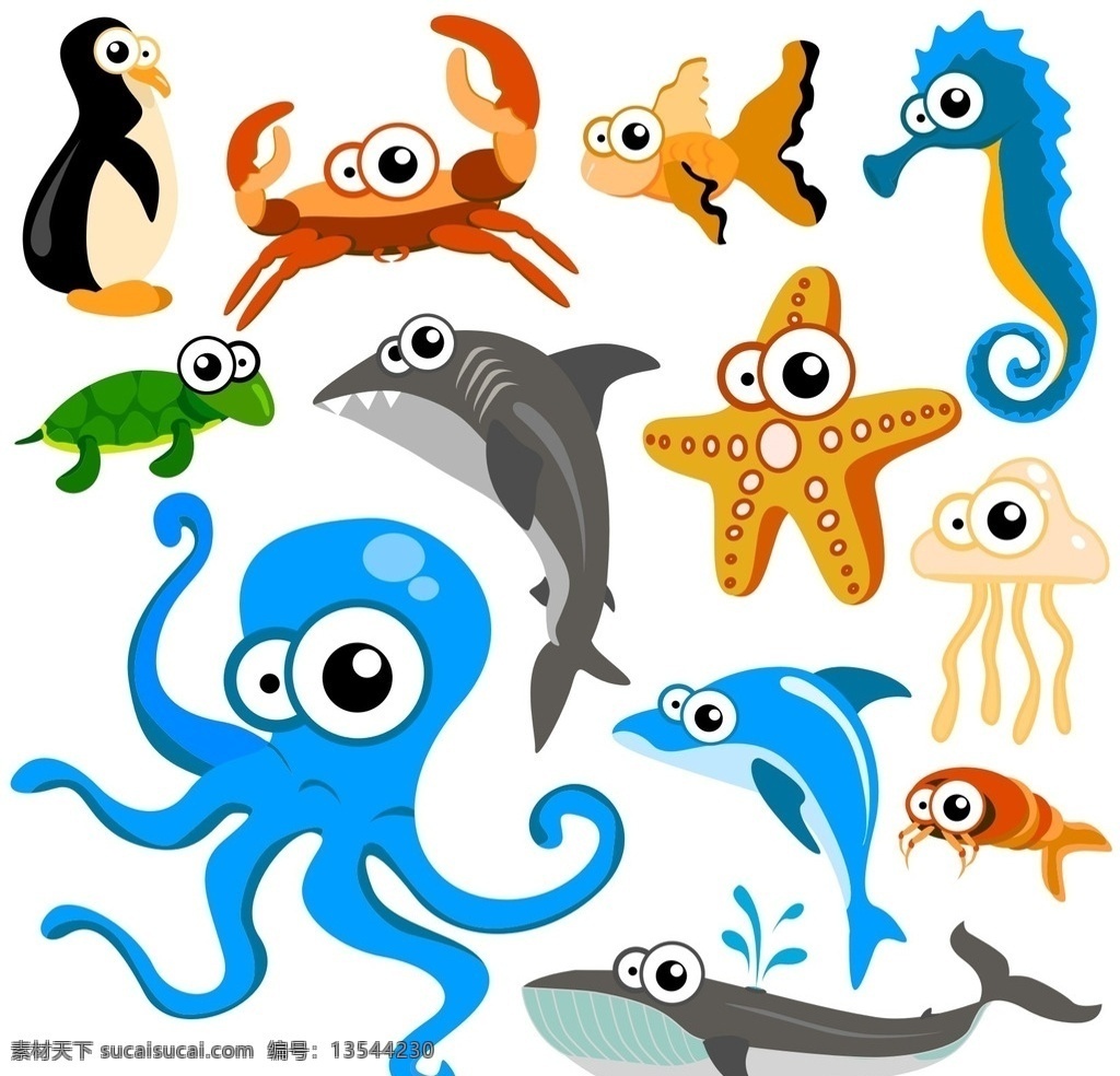 章鱼海洋 海洋 元素 海洋鱼类 海洋元素 矢量鱼类 卡通 章鱼 海豚 螃蟹 海星 鲨鱼 企鹅 河马 卡通设计
