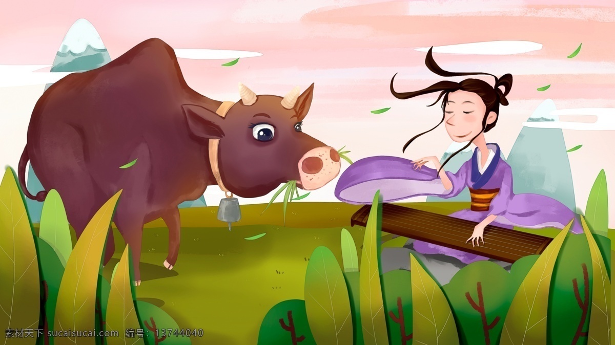 手绘 成语故事 插画 对牛弹琴 牛 弹琴 成语 教育 牛吃草 弹琴的人