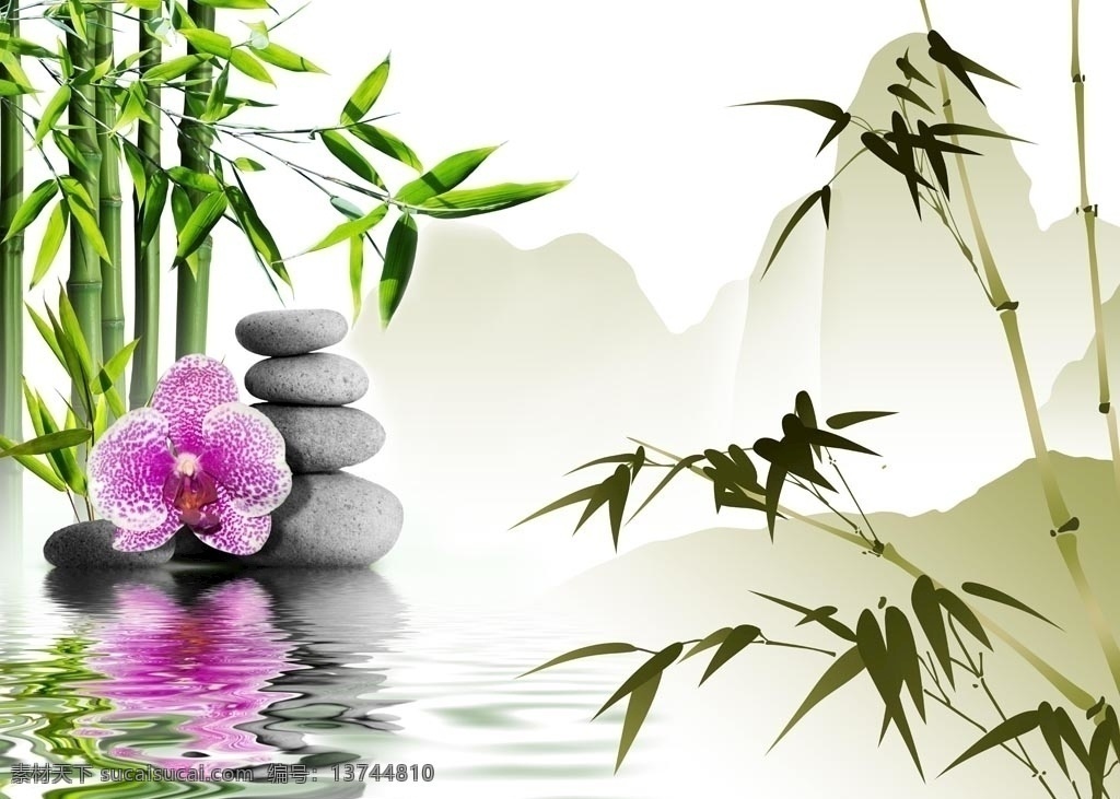 竹子背景墙 竹子 兰花 石头 水墨 墨竹 山水 倒影 壁画 清新 绿色 电视背景墙 背景墙 水纹 分层