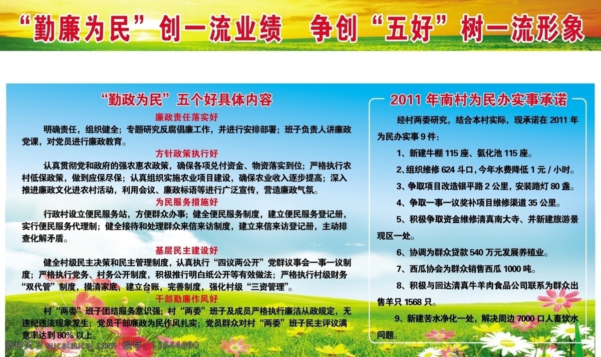 白云 橱窗 广告设计模板 火烧云 蓝天 绿草 绿地 鲜花 新农村展板 勤政为民 五个好 具体 内容 勤廉为民 创一流业绩 争创五好 树一流形象等 展板模板 源文件 其他展板设计