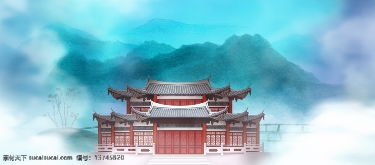 宫殿 楼宇 古典 蓝色 文艺 banner 背景 宫殿背景 仙侠风 古风背景