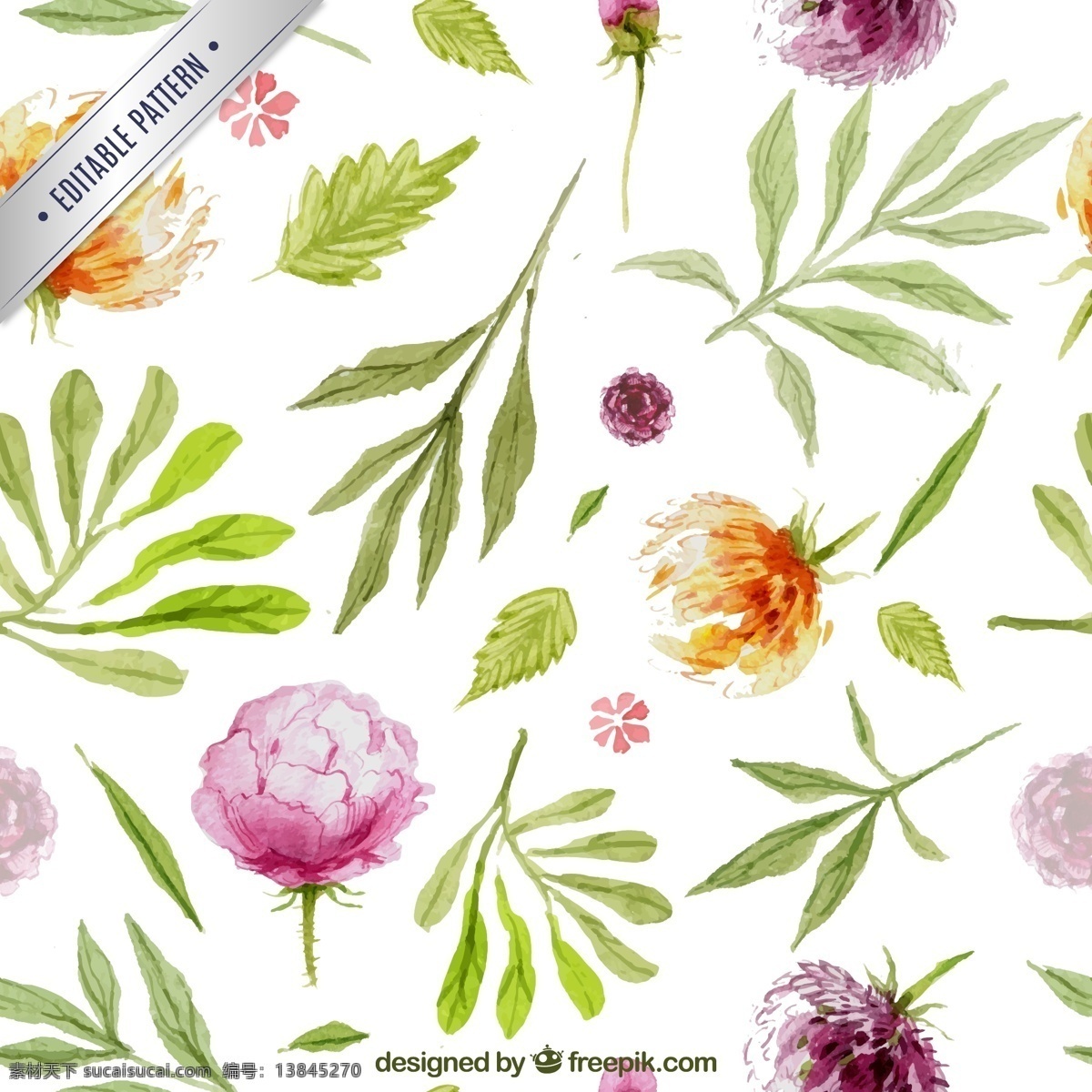水彩 叶子 花朵 无缝 背景 无缝背景 树叶 花卉 植物 插画 海报 画册 矢量植物 生物世界 花草 白色