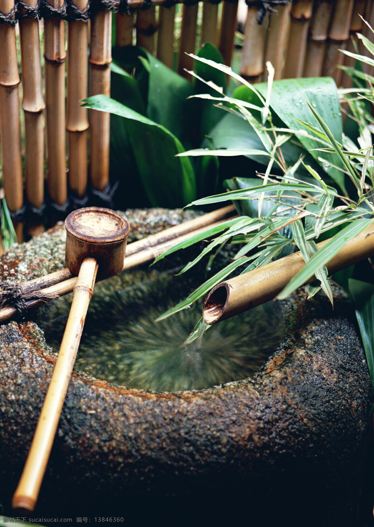 石头水缸 水缸 石头 竹筒 竹管 流水 水瓢 竹瓢 植物 绿叶 竹排 栅栏 围墙 围挡 生活意境摄影 生活百科 生活素材