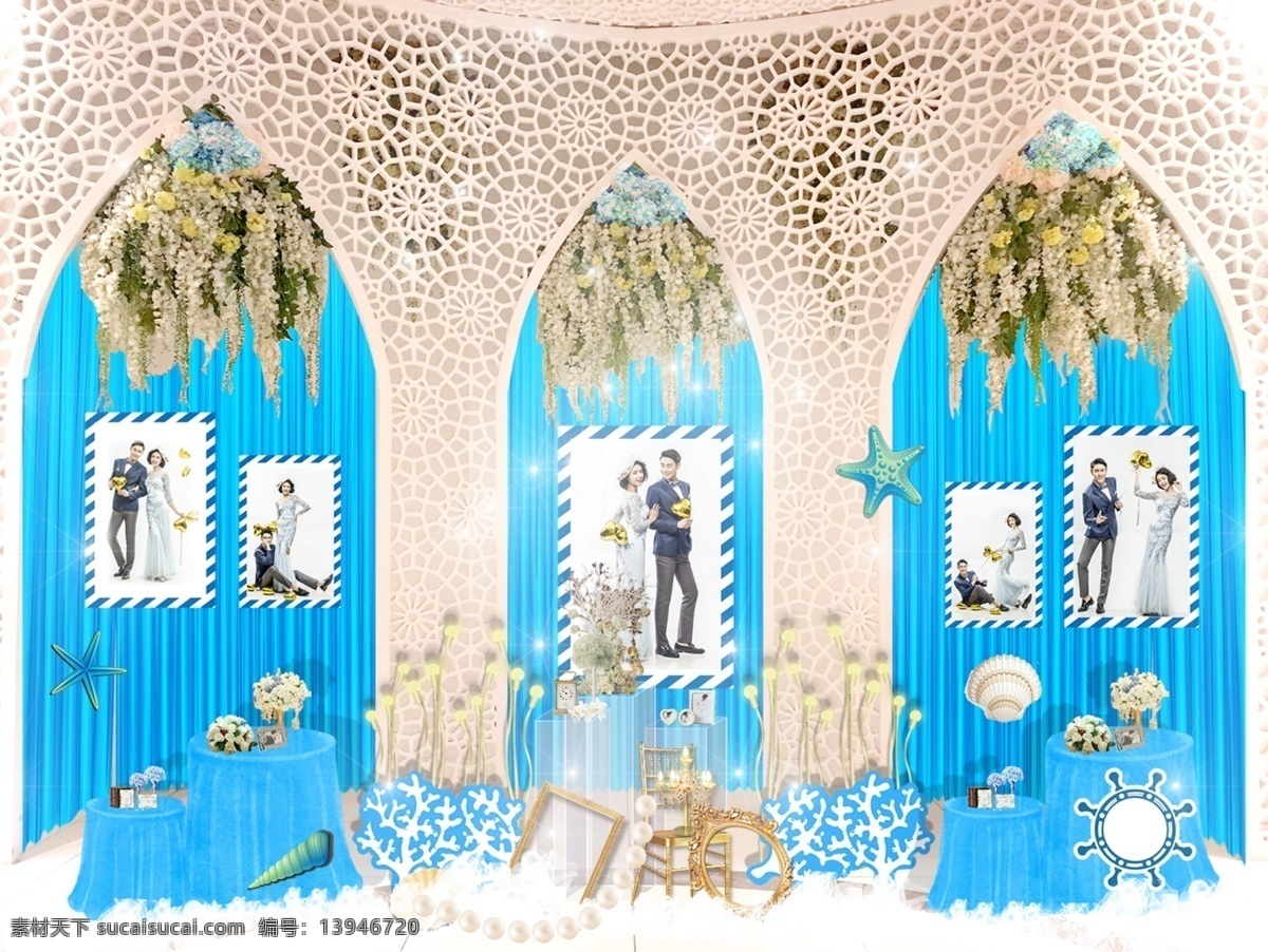 蓝色 地中海 婚礼 展示区 婚礼展示区 效果图 白色