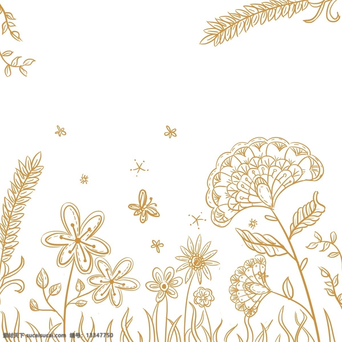 金色 手绘 卡通 可爱 唯美 花朵 植物 分层