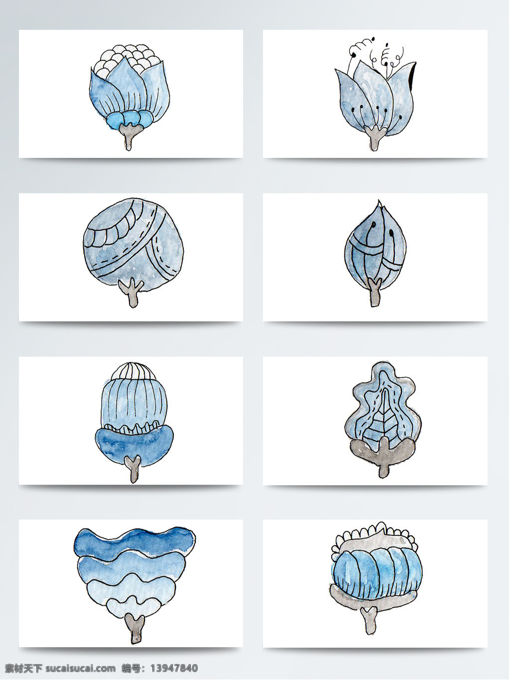 手绘 蓝色 鲜花 免 扣 合集 白色 宝箱 波浪 插画 抽象 创意 花瓣 花朵 花卉 花茎 花蕊 灰色