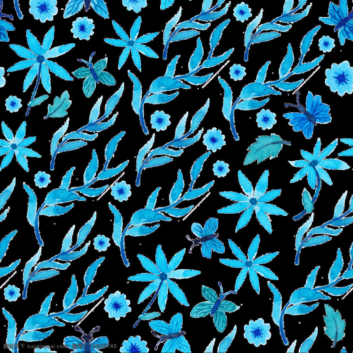 简约 手绘 蓝色 花草 装饰 背景 背景素材 蝴蝶 平铺背景 树叶 树枝 植物