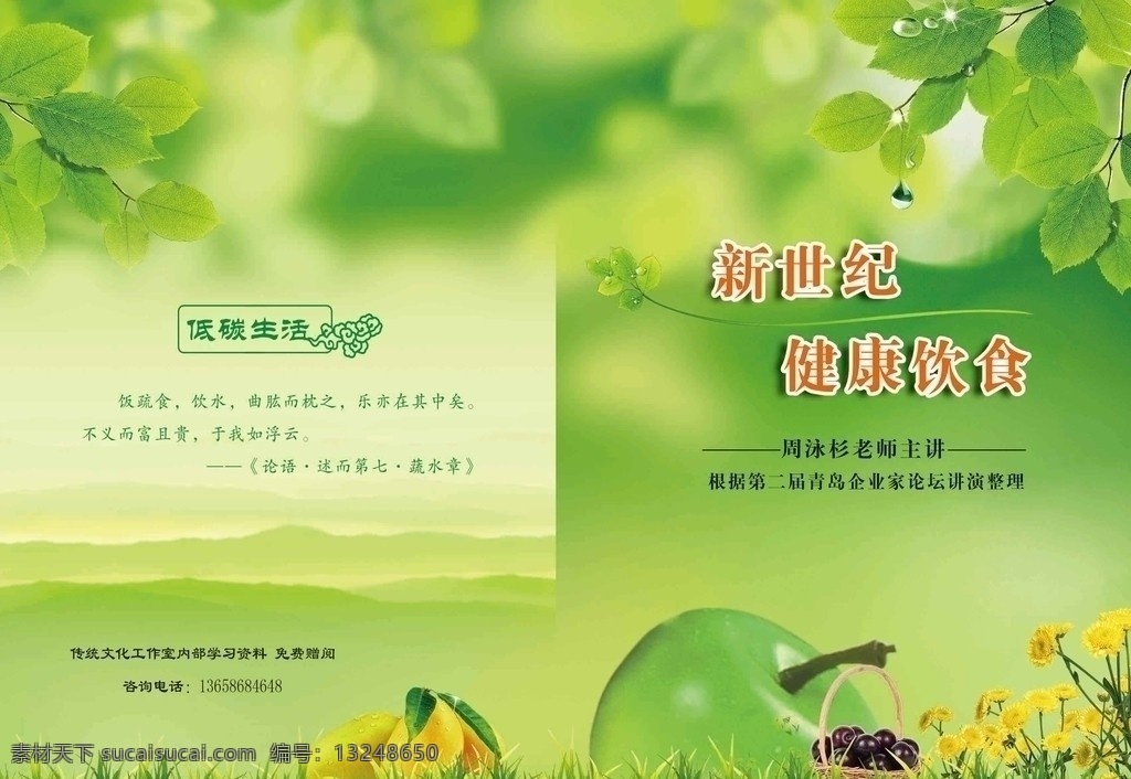 健康饮食封面 健康饮食 低碳环保 水果 绿草 绿色 绿叶 周泳杉 传统文化 封面 书刊 素食 画册设计 广告设计模板 源文件