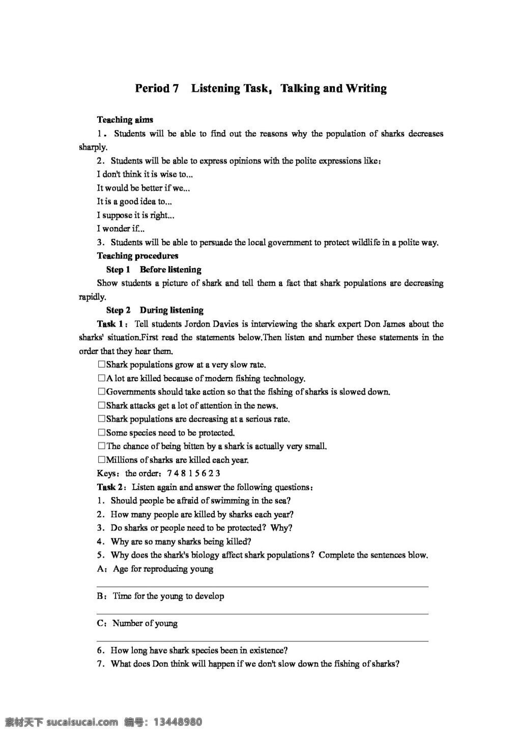英语 人教 版 高中英语 优秀教案 unit3 under the sea period 教案 人教版