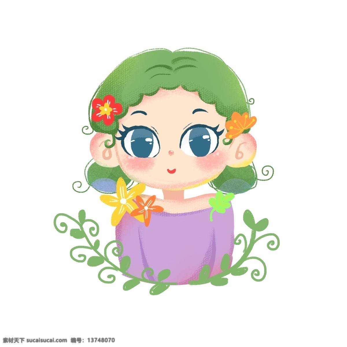 卡通 手绘 蜡笔 人物 卡通手绘女孩 绿色系 拟人夏天 小清新人物 春夏秋冬拟人 童话故事插画 人物插画 蜡笔人物