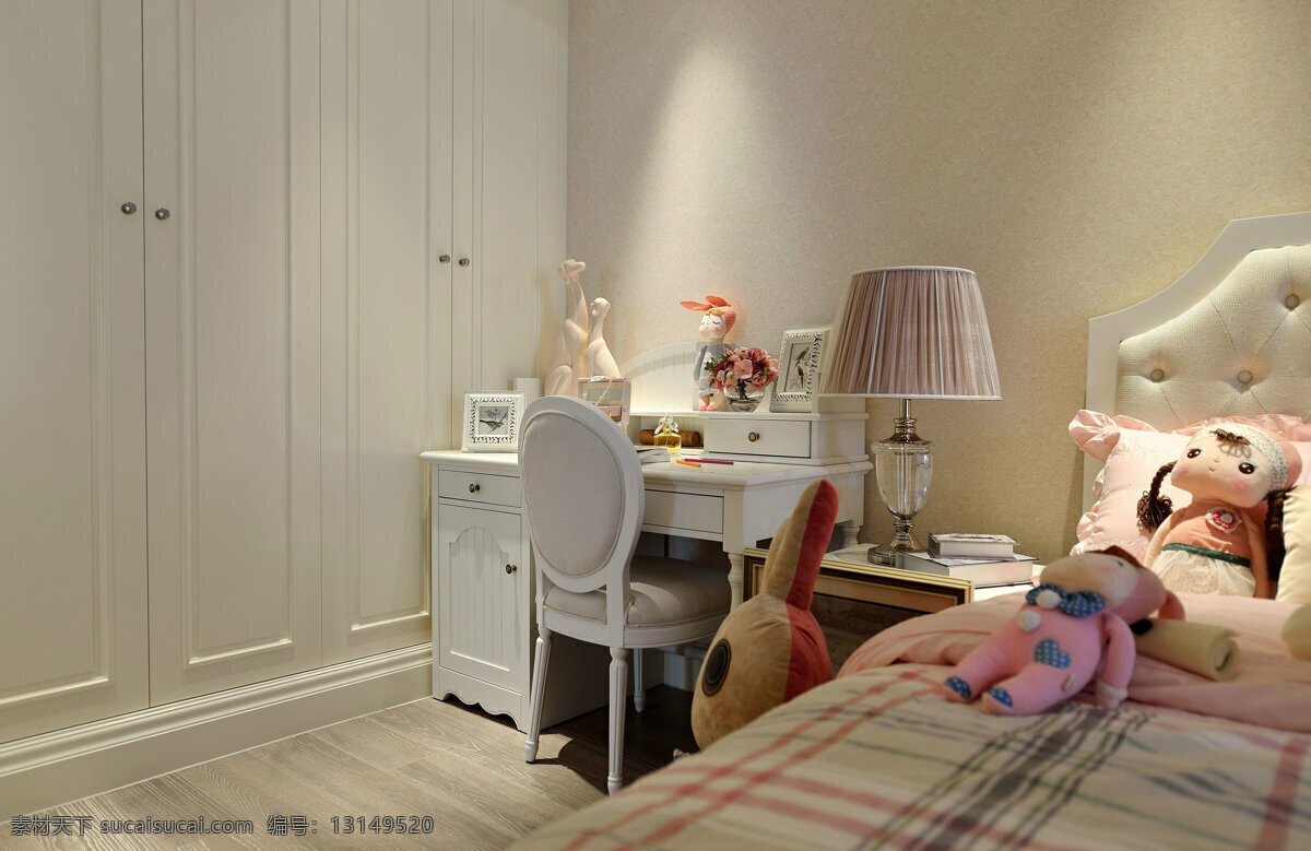 简约 卧室 白色 衣柜 装修 效果图 灰色墙壁 床头柜 台灯 床铺 浅色木地板
