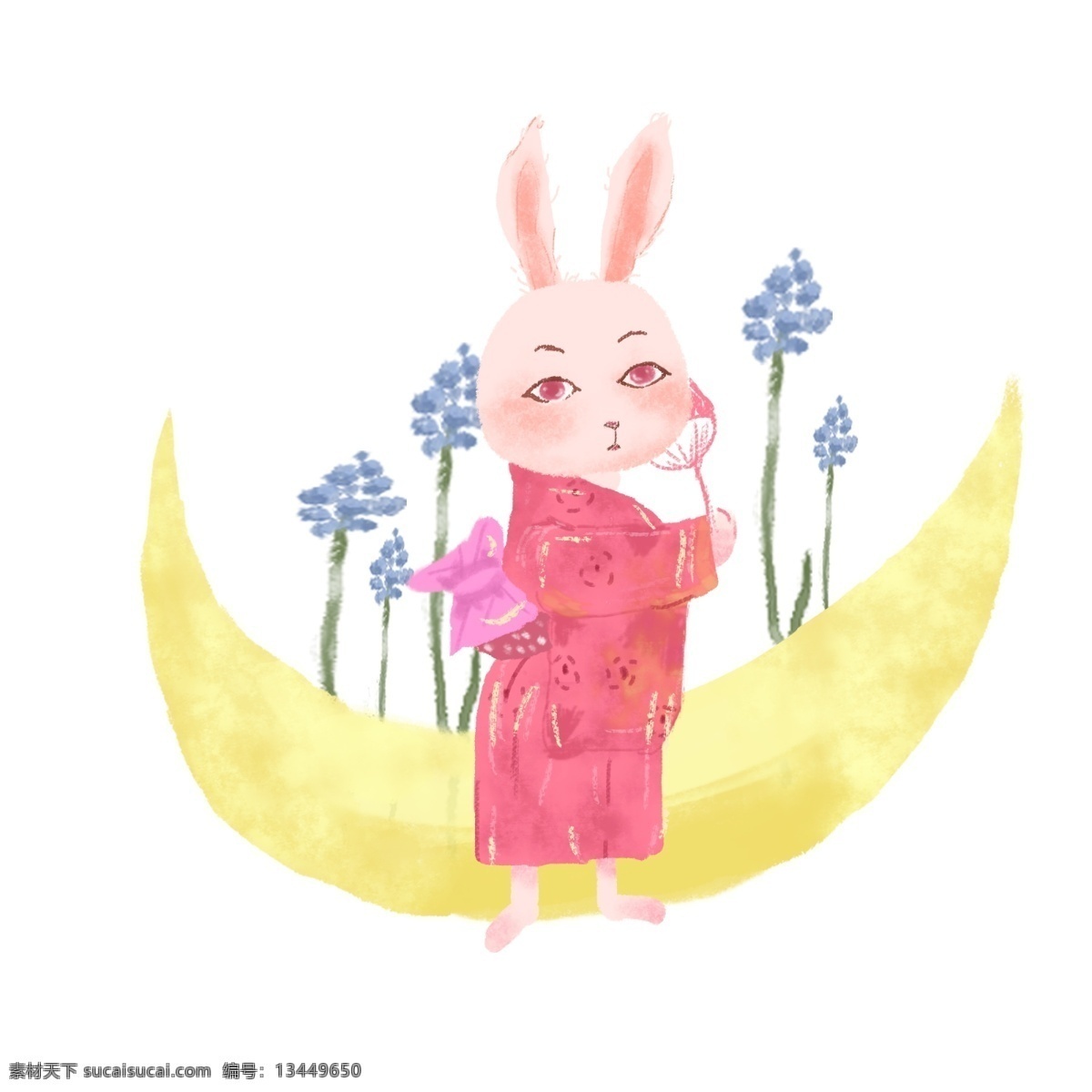 七夕 粉色 兔子 月 兔 插画 商用 元素 可爱