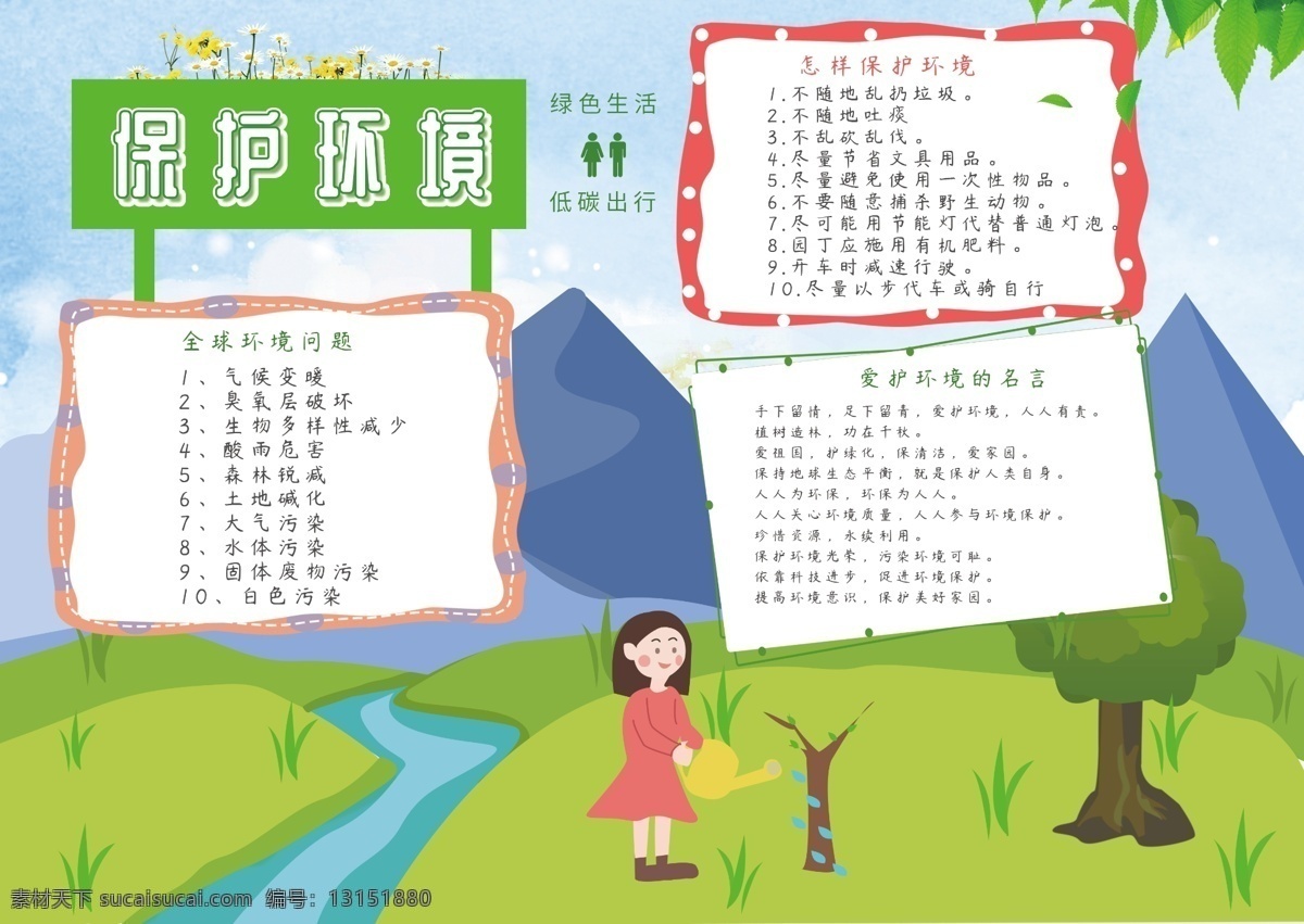 原创 保护 环境 地球 生态 公益 环保 小报 手 抄报 绿色 小清新 草地 大树 保护环境 简约 做起 爱护环境 生态地球 手抄报 女孩 浇水
