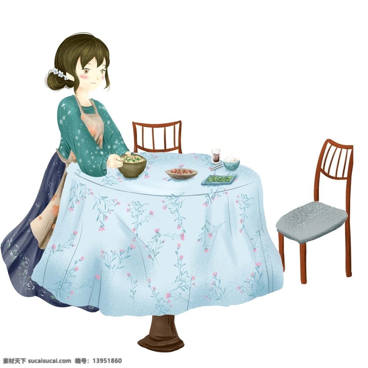 餐桌 前 女孩 图案 元素 人物 桌子 椅子 卡通人物 家具 简约 创意元素 手绘元素 psd元素 免抠元素