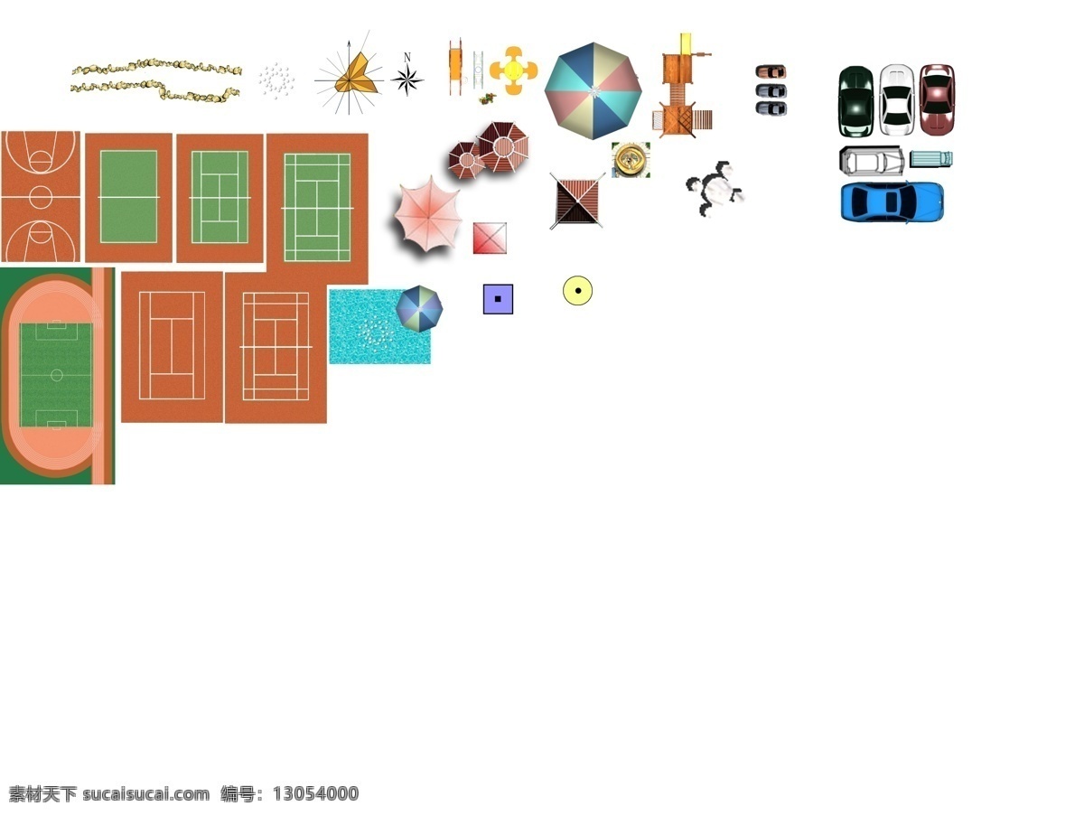 彩平素材 球场 汽车 雨伞 植物 其他设计 环境设计 源文件