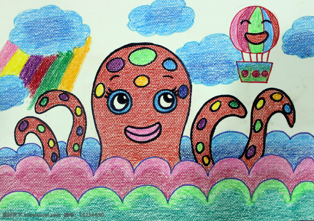 美术 绘画 儿童绘画 手绘 蜡笔画 儿童画 章鱼 乌贼 气球 海 书法绘画类 文化艺术 绘画书法