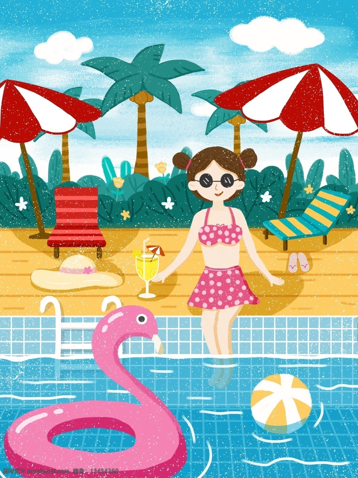二十四节气 大暑 夏天 泳池 少女 插画 24节气 夏日 泳圈 太阳伞
