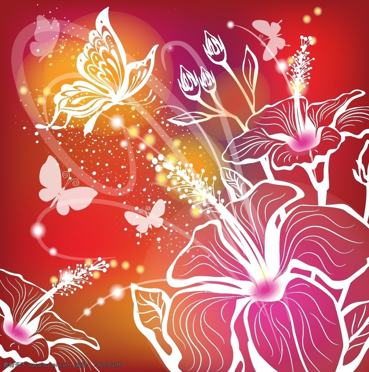 绚丽 花朵 蝴蝶 背景 底纹 花纹 剪影 矢量素材 矢量图 其他矢量图