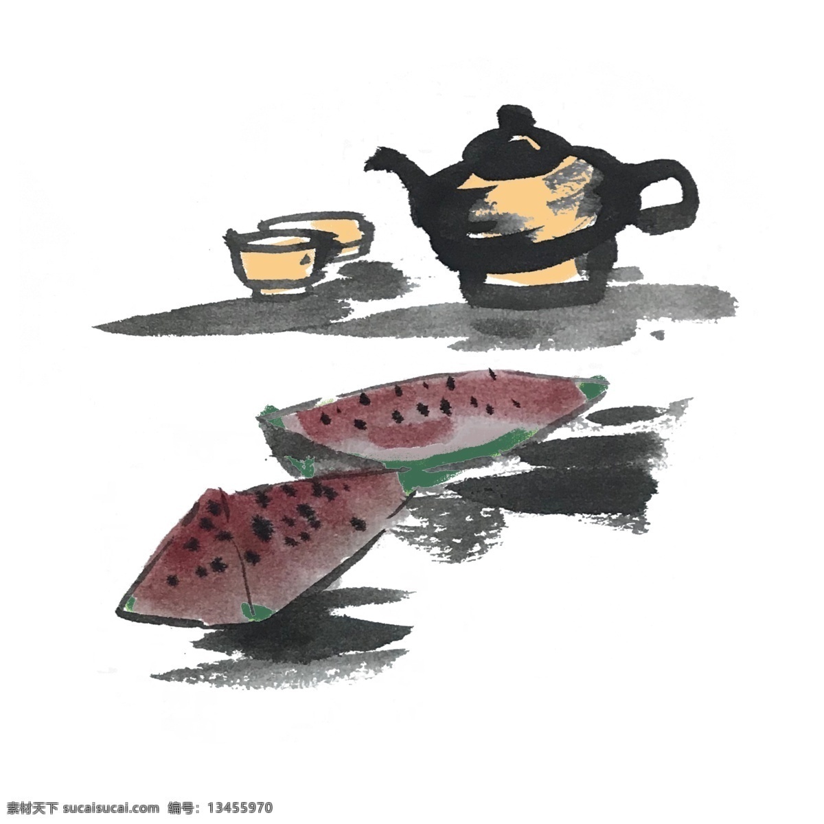 夏天 水墨 凉茶 西瓜 手绘 插画 夏季 水果 中国风 古风 水墨风 墨迹 彩色 春天 生动 花草 国风 国画 大西瓜