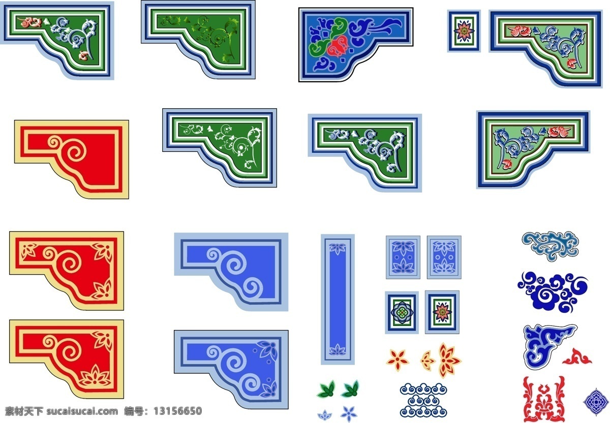 古建彩绘贴图 古建彩绘 彩绘贴图 纹样 角隅纹样 云纹 藤蔓图样 底纹边框 条纹线条