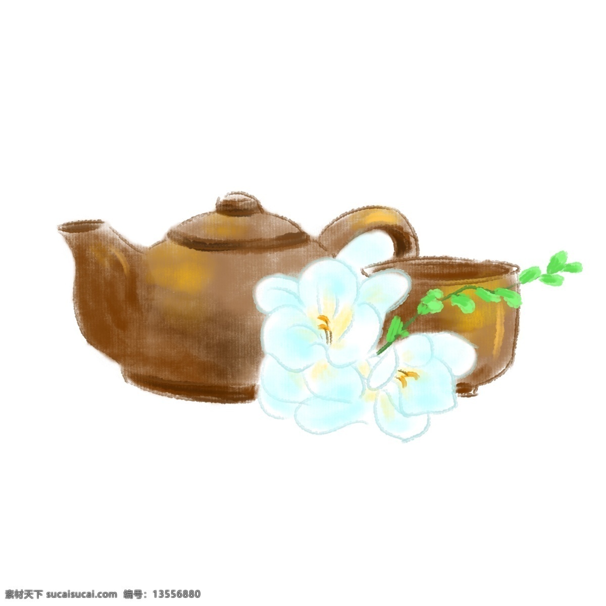 水墨 棕色 茶具 插画 水墨画 品茶 喝茶 花茶 绿叶 水墨茶壶 水墨茶具插画 棕色的茶壶 棕色茶盅 蓝白色的花朵