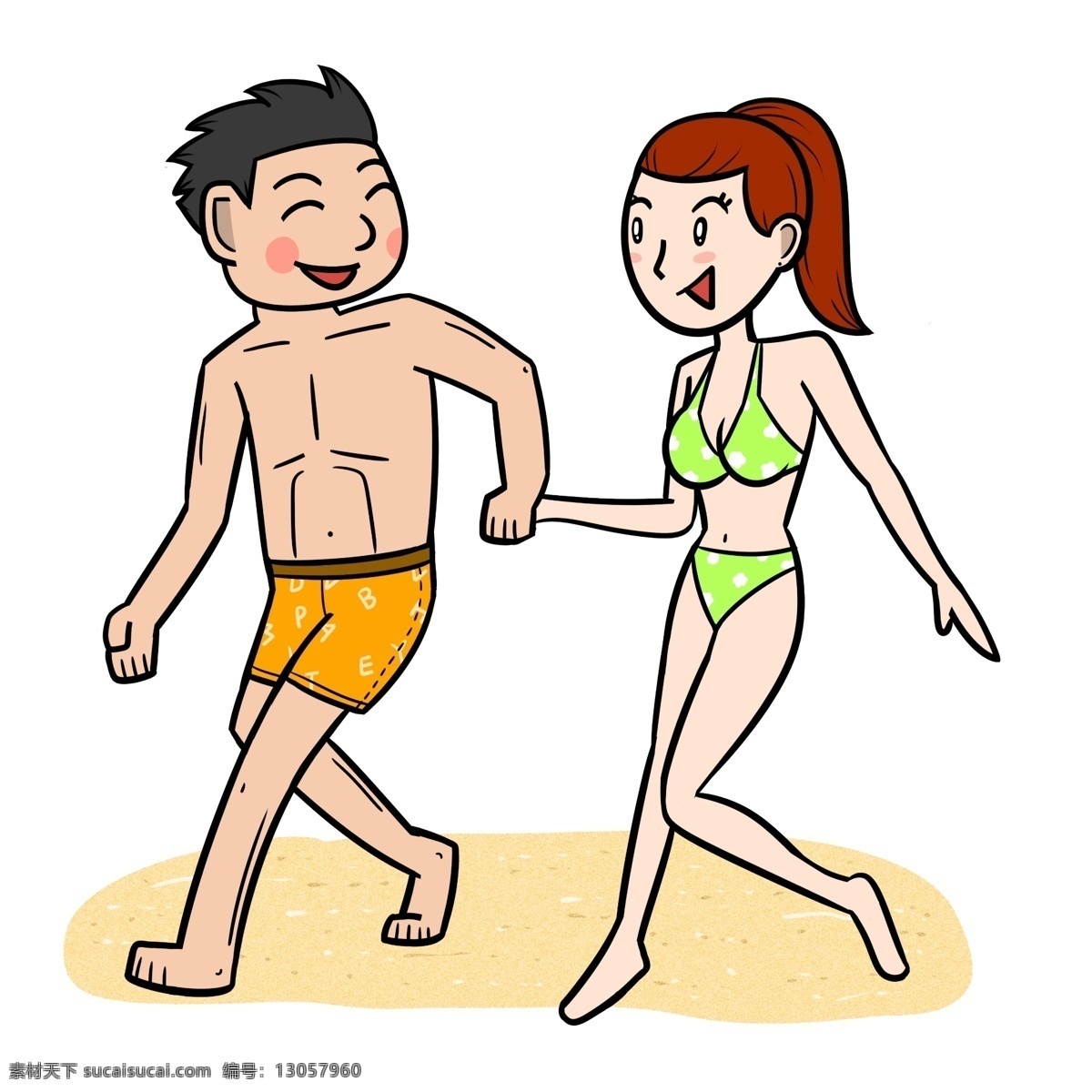 卡通 夏季 情侣 沙滩 跑 闹 透明 底 夏天 玩耍 海边 海滩 海边人物 夏季人物 夏天人物 卡通人物 卡通夏季