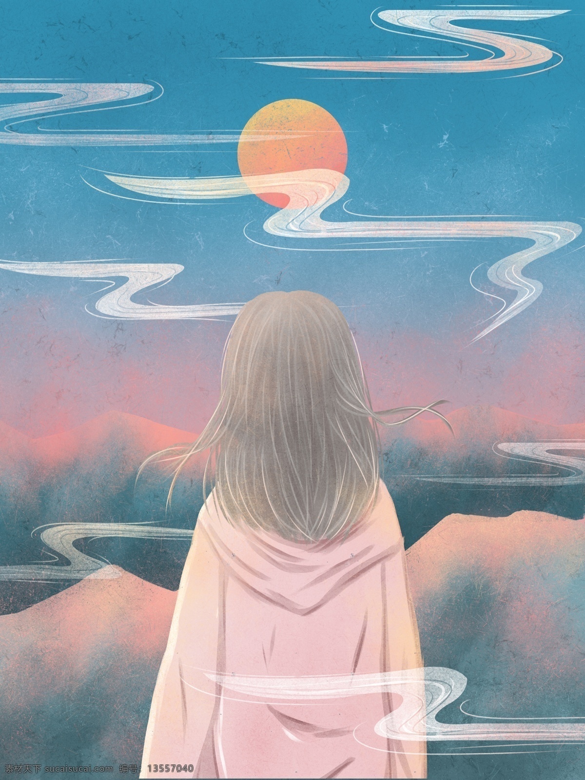 眺望 天空 纹理 插画 夕阳 下 女孩 云 清新 壁纸 眺望天空 落日 山 傍晚 背景