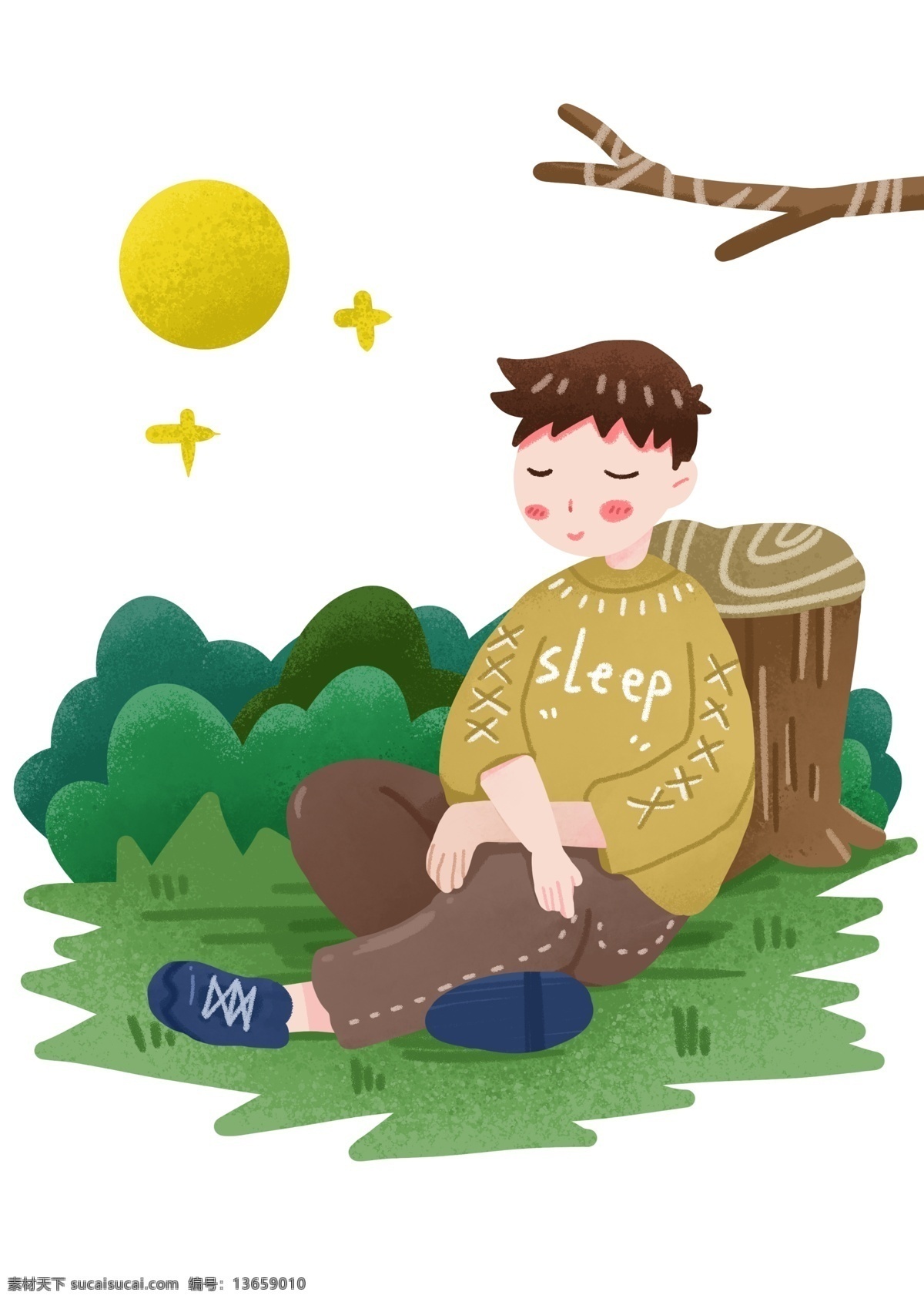 靠着 树桩 睡觉 男孩 世界睡眠日 睡觉的小男孩 大自然睡觉 创意节日 绿色植物 树木 卡通插画