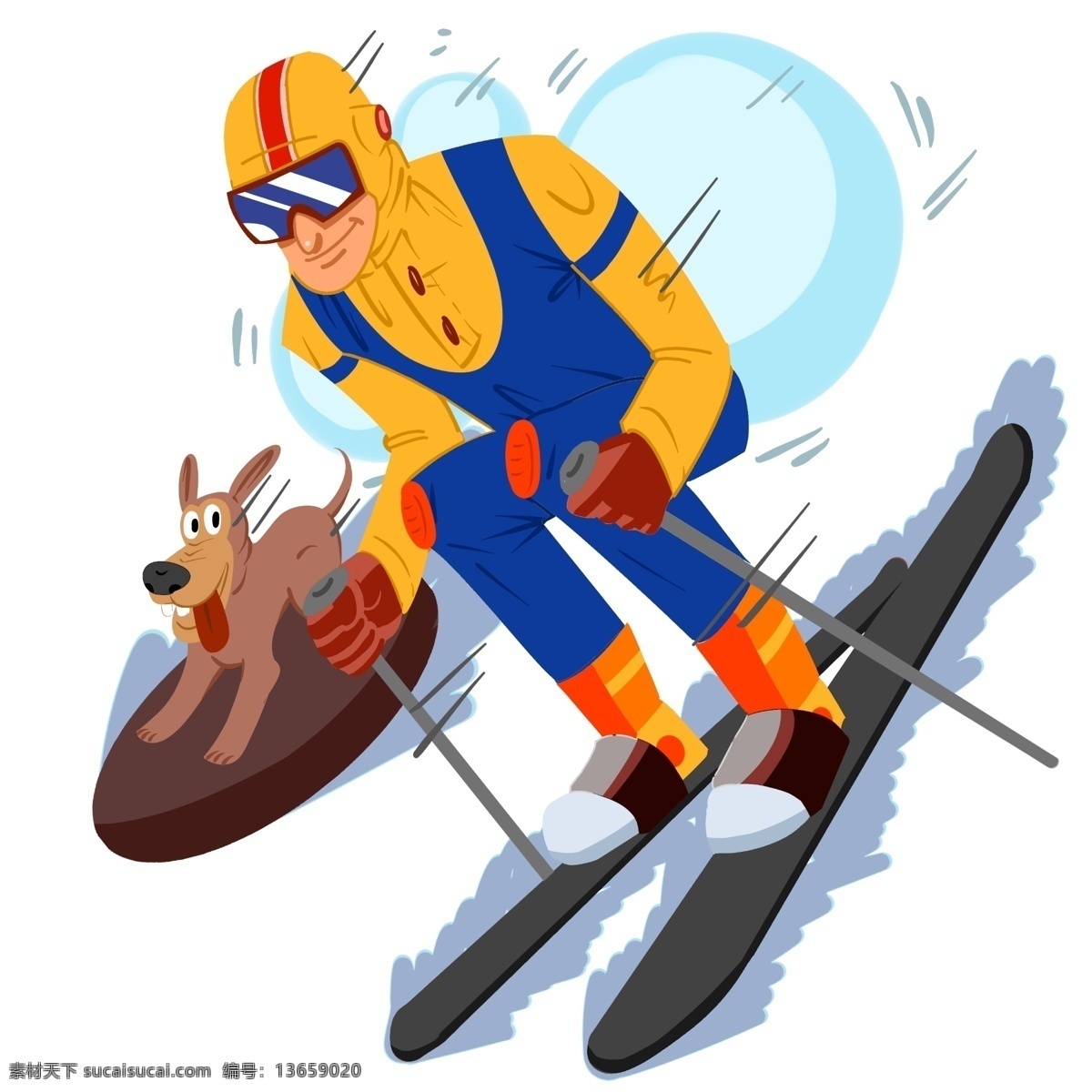 手绘 滑雪 狗 插画 创意旅行插画 恰意的旅行 处处 白雪 旅行 欢快的旅行 手绘旅行插画 冬季旅行