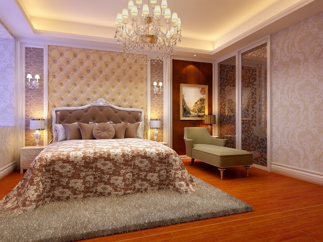 舒适 大 床 卧室 吊灯 吊顶造型 舒适大床 暗红色地板 金黄色空间 3d模型素材 室内场景模型