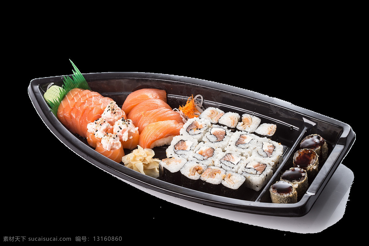 简约 寿司 船 料理 美食 产品 实物 产品实物 黑色餐盘 日本文化 日式料理 日式美食
