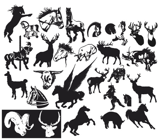 各种 动物 剪影 鹿 马 黑白动物图案 矢量图 生物世界