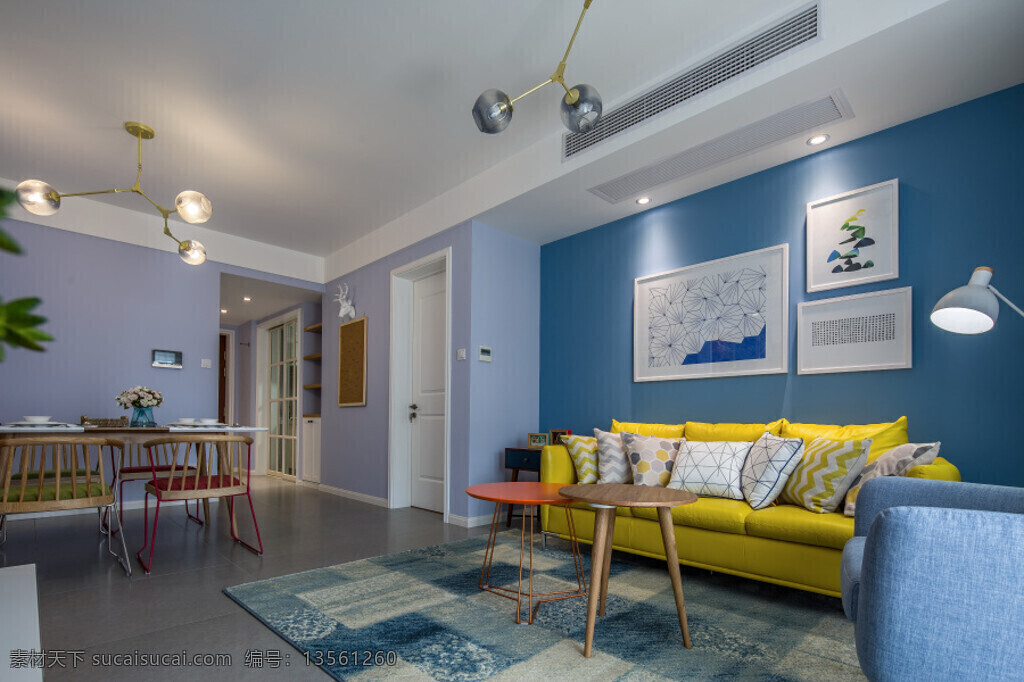 现代 创意 客厅 黄色 沙发 蓝色 背景 墙 设计图 家居 家居生活 室内设计 装修 室内 家具 装修设计 环境设计 背景墙