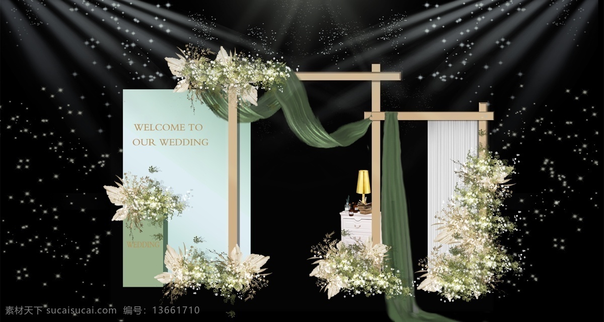 小 清新 婚礼 展示区 白色柜子 灯台 纱幔 方柱 花艺 木架 浅绿色
