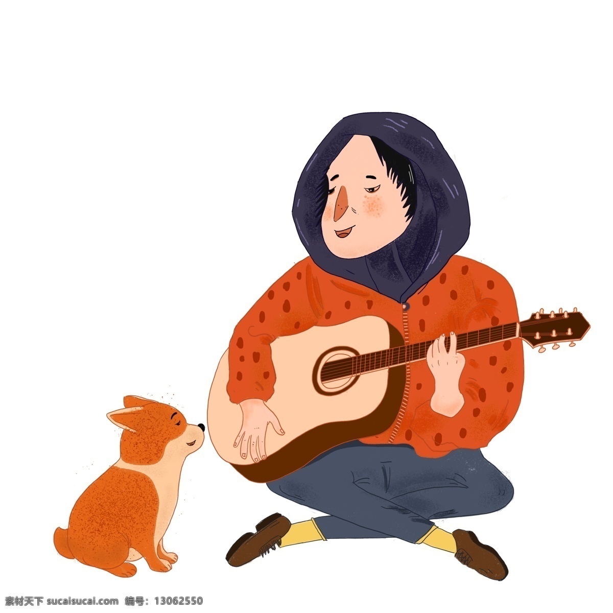 手绘 冬日 弹 吉他 女孩 插画 卡通 小狗 音乐 弹吉他