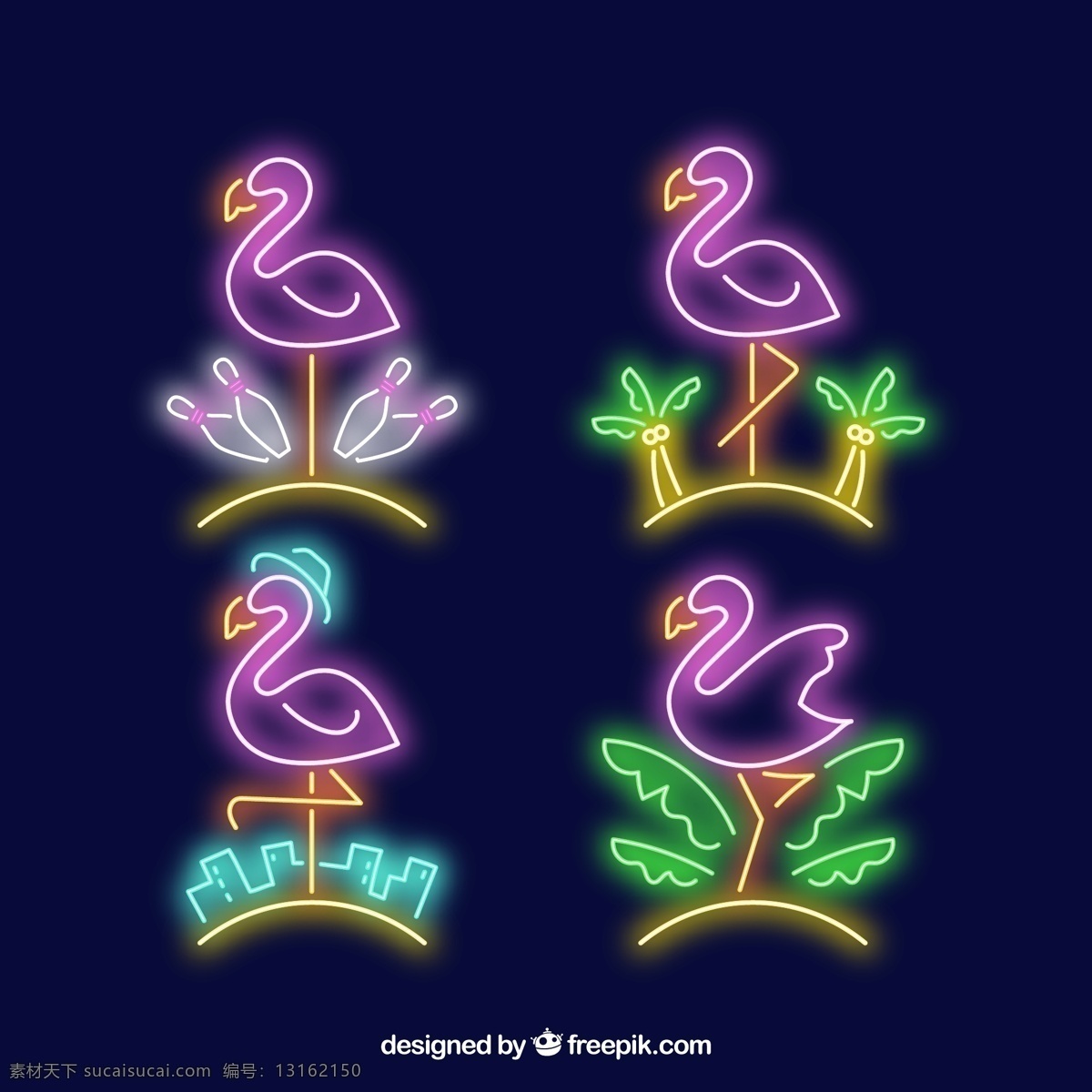 火烈鸟 绿叶 霓虹灯 彩色 叶子 椰子树 矢量 高清图片