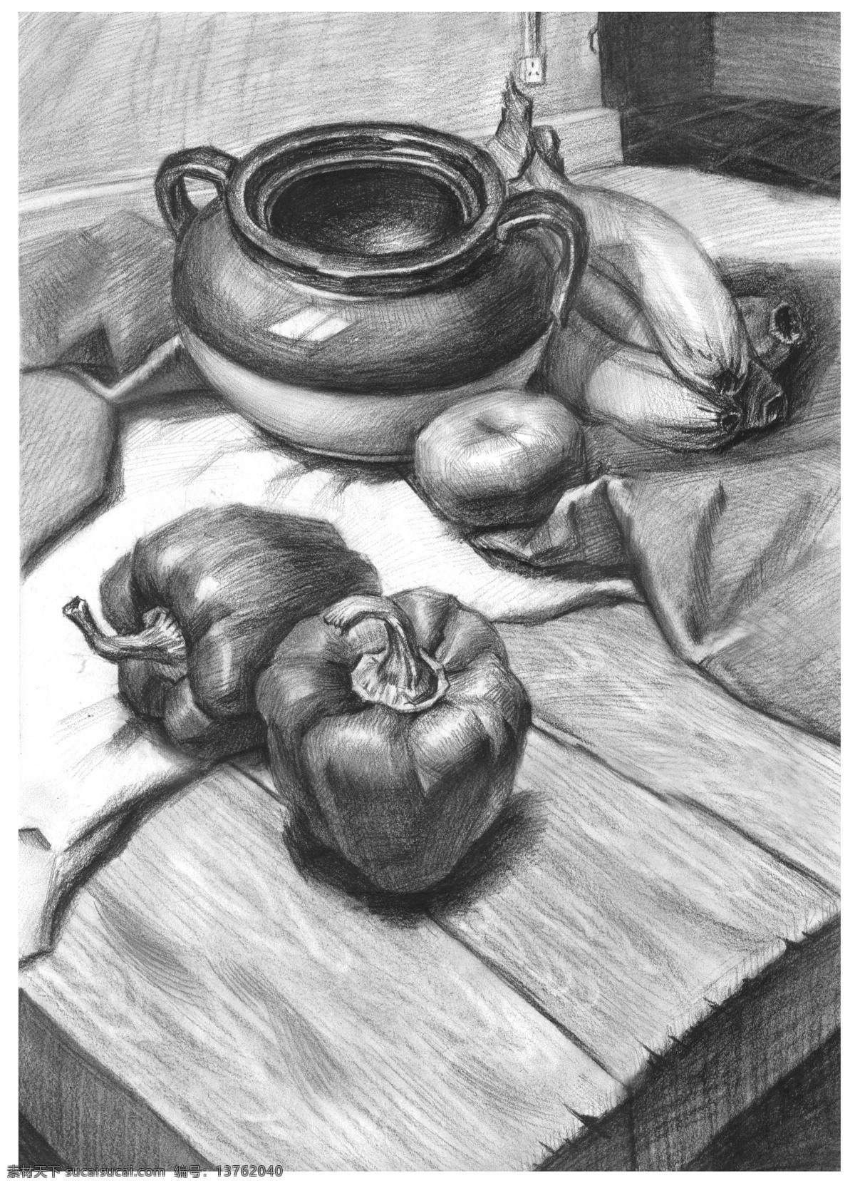 静物素描 辣椒 布 素描 炭笔素描 铅笔素描 组合体 香蕉 陶罐 西红柿 木板质桌子 绘画书法 文化艺术