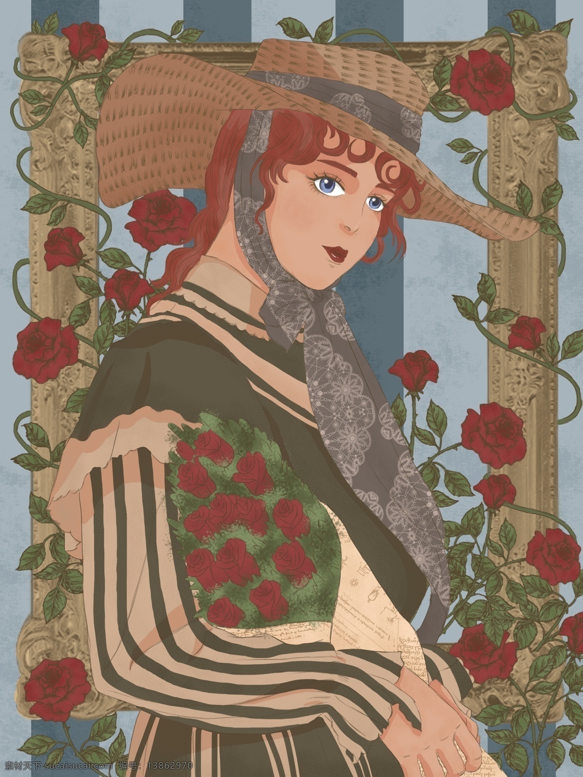 复古 风 玫瑰 花束 女孩 欧式 插画 唯美 小清新 卡通 商业 洋装 怀旧 画框 洛丽塔 藤曼 二次元 日漫风
