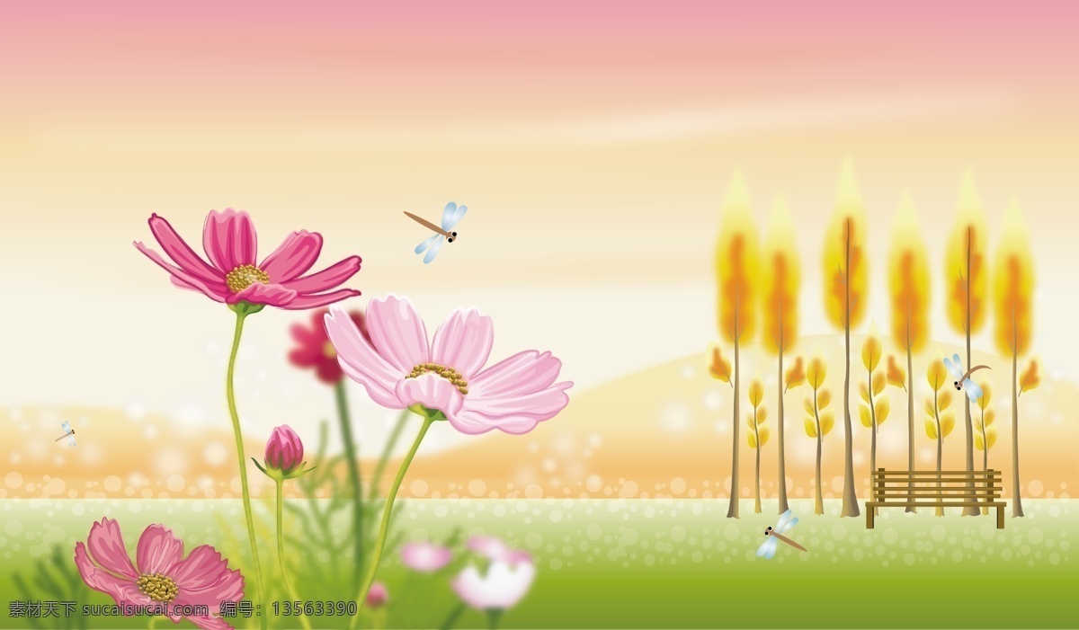 风景 插画 分层 草地 风景插画 花朵 蜻蜓 树 椅子 粉色的天空 源文件 插画集